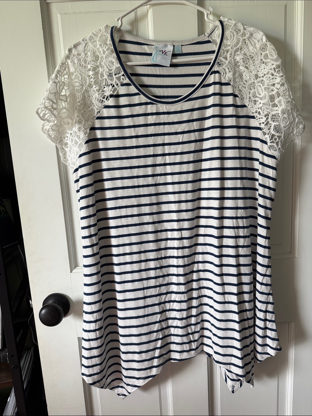 Just My Size White and Navy Striped Tee with Lace Sleeves